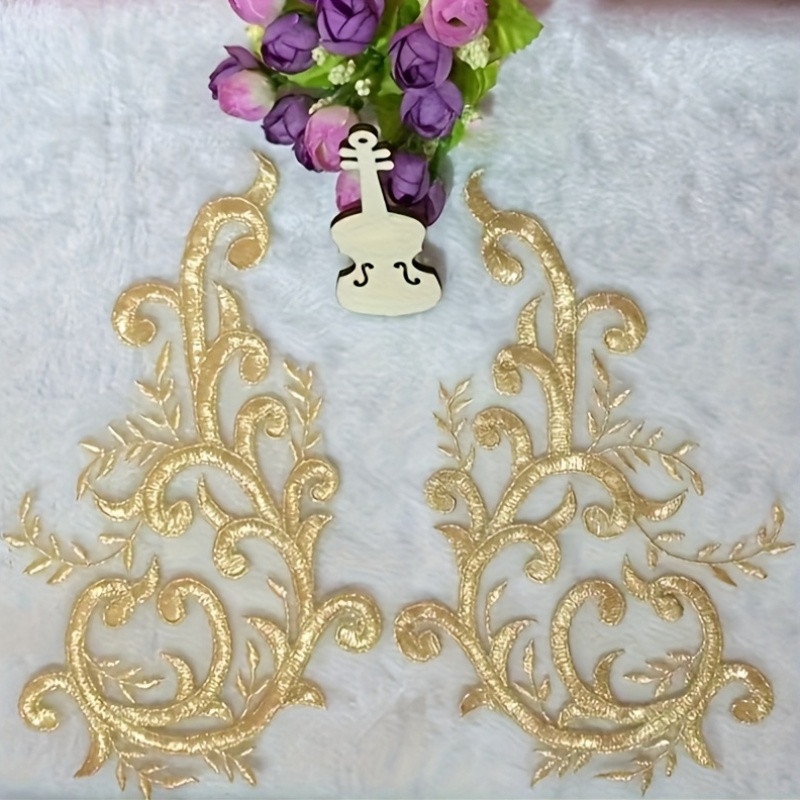 Applique Patch Flower - 2Pairs Gold Lace Fabric Flowers Branch